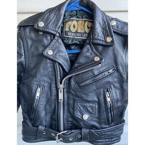 VTG FORCE Genuine Leather Jacket Kids S/M Black Asymmetrical Zip Moto Biker